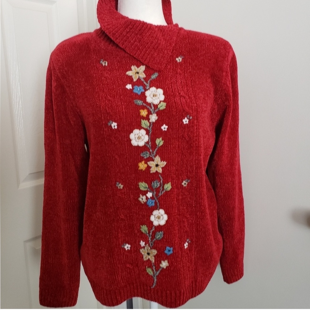 Alfred Dunner Red Floral Cowl Neck Sweater
